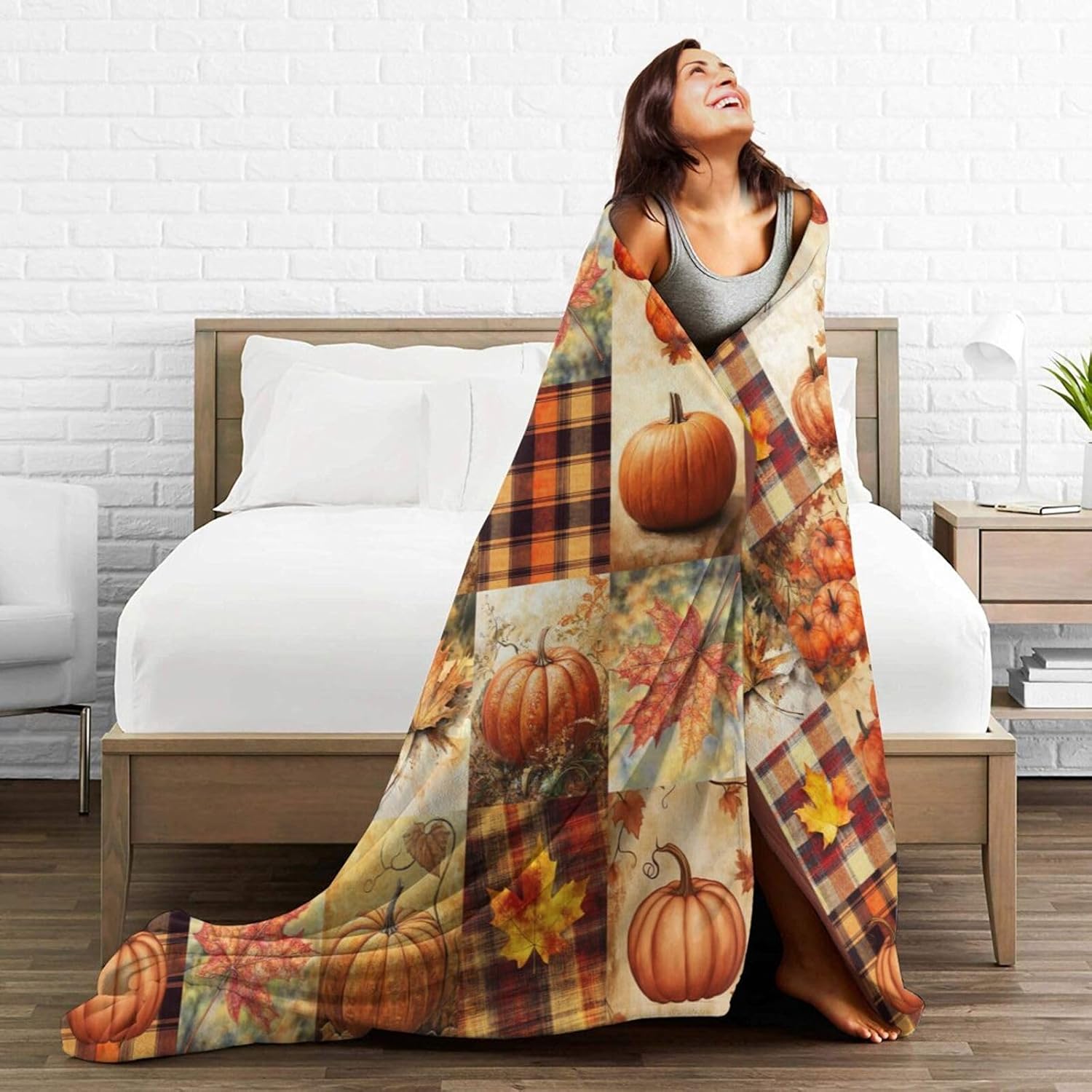 Fall Pumpkin Blanket Autumn Maple Leaf Throw Blanket Plaid Thanksgiving Orange Flannel Stuff Merch Cozy Decor Fleece Soft Plush Fuzzy Warm Lightweight Bedding Gifts for Women Girls Couch 60"X50"