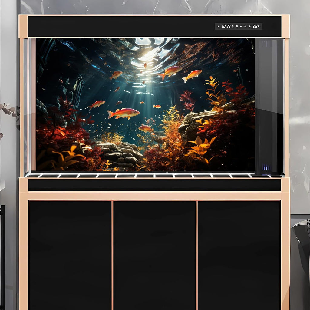 Underwater Aquarium Background Orange Aquatic Plants with Sunbeams Fish Tank Background Underwater Rooted Species Stone Rocks Tropical Fish Terrarium Background Vinyl 48x20in