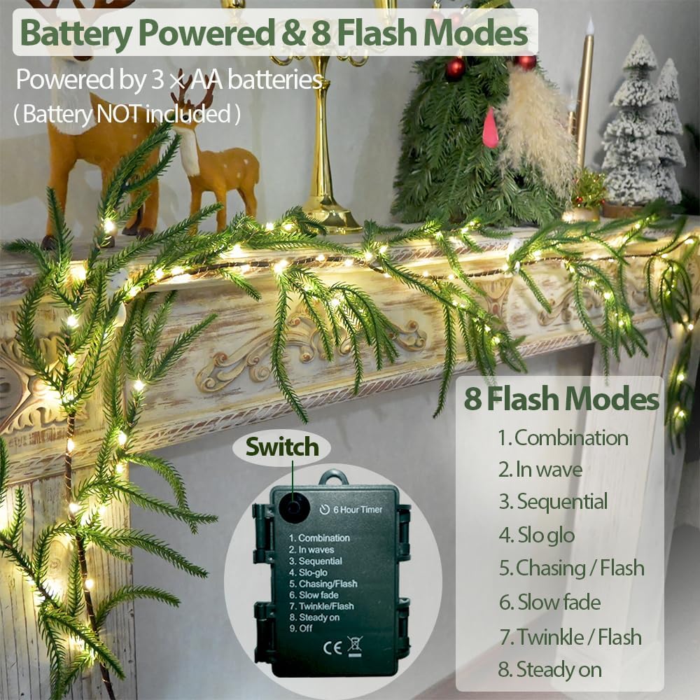 2025 New Christmas Norfolk Garland Lights 6.56FT Pine Garlands 96 LED 8 Flash Modes Battery Operated Xmas Garland Lights with Timer Lighted Christmas Decorations for Mantle Fireplace Door Home Holiday