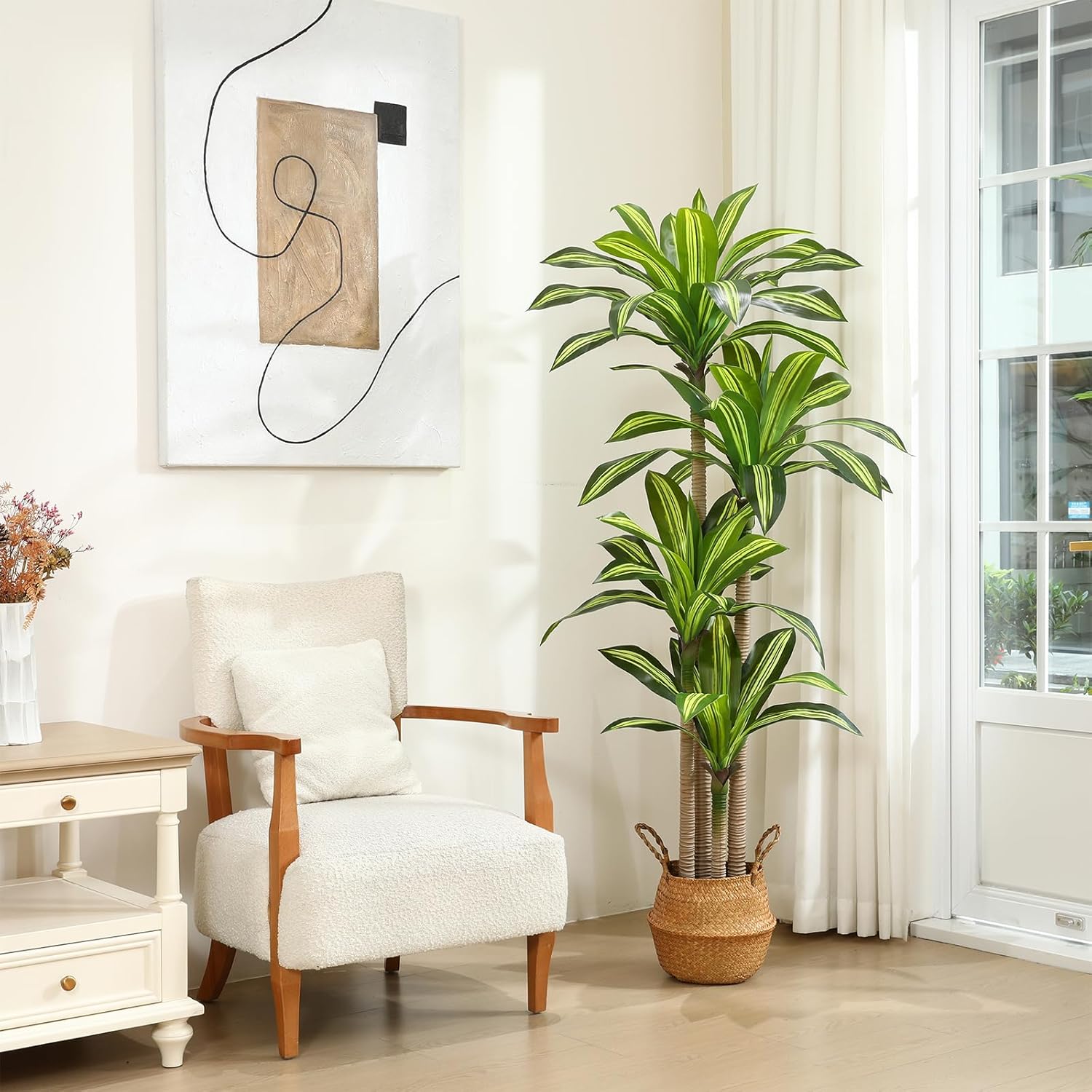 Artificial Plants, 6 Ft Dracaena Tree Faux Plants Indoor Outdoor Decor Fake Tree with Woven Seagrass Basket Plants for Home Decor Office Living Room Porch Patio Housewarming