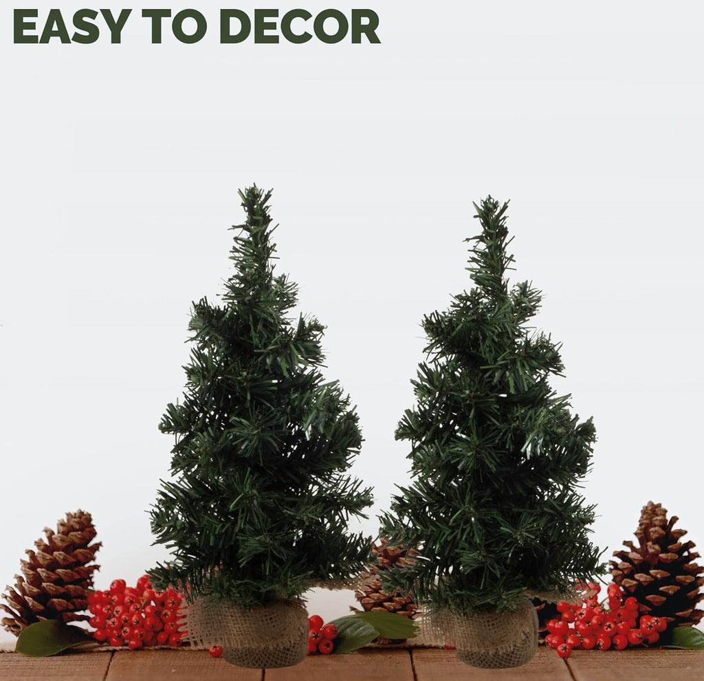 2Pack Mini Christmas Tree Table Top Decorations- Artificial Small Pine Trees with Burlap Base on Desktop, Shelves, Bedroom, Miniature Scenes Xmas for Home, Office, Party Decor