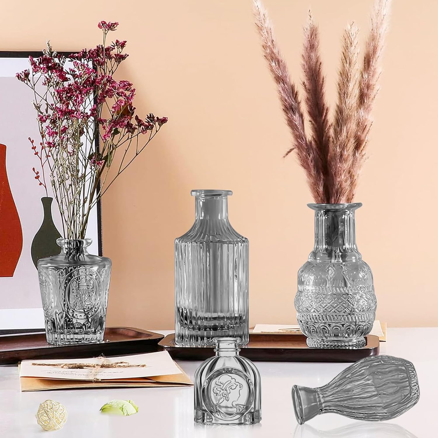Dark Gray Bud Vases Set, 24 Pcs Vintage Small Vases for Flowers, Clear Crystal Mini Glasses in Bulk, Small Flower Design for Centerpieces Wedding Home Flower Party Decor