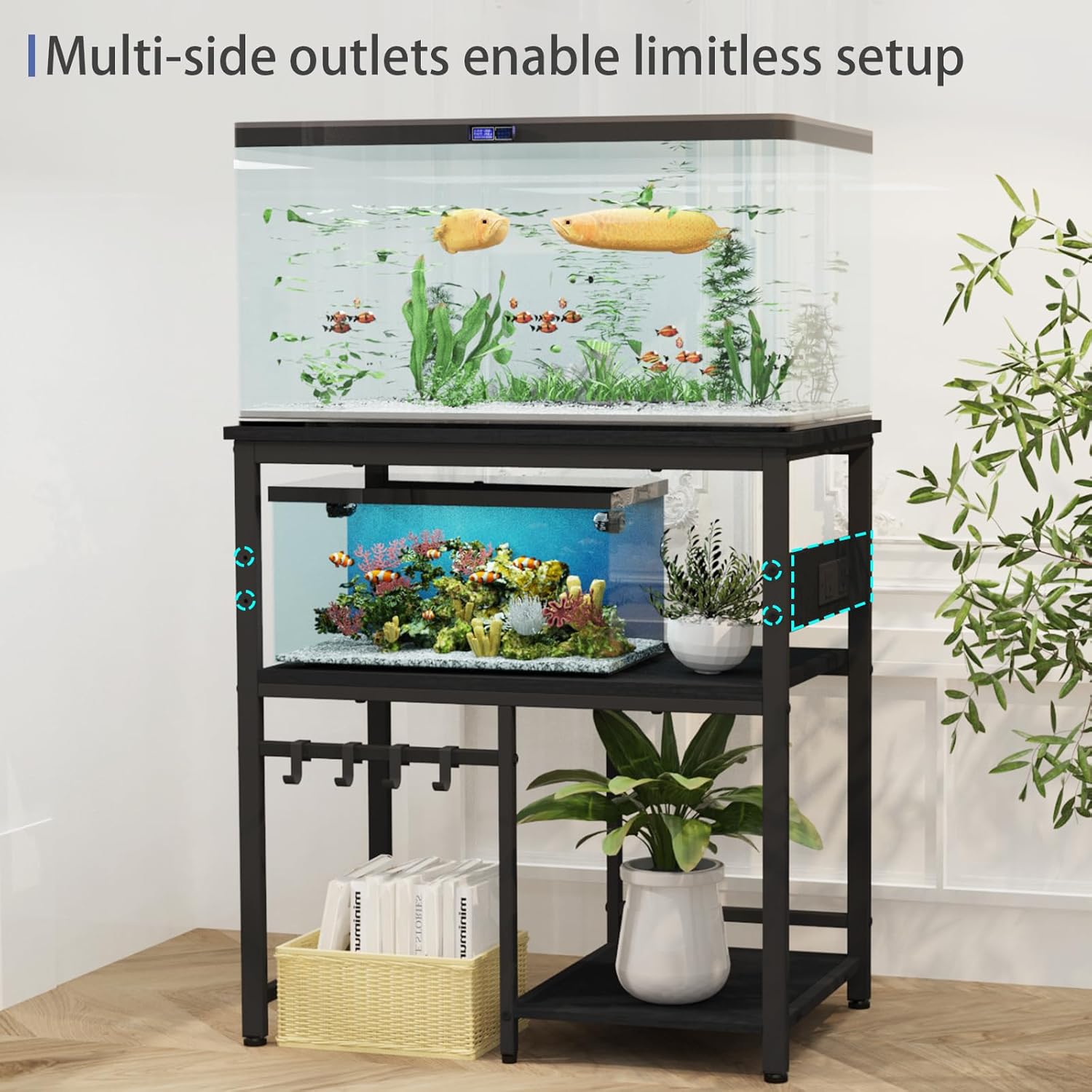 TFK 20-29-37 Gallon Fish Tank Stand, 3-Tier Aquarium Stand with Power Outlet Reptile Tank Stand Heavy Duty Terrarium Stand for Home Office, Black