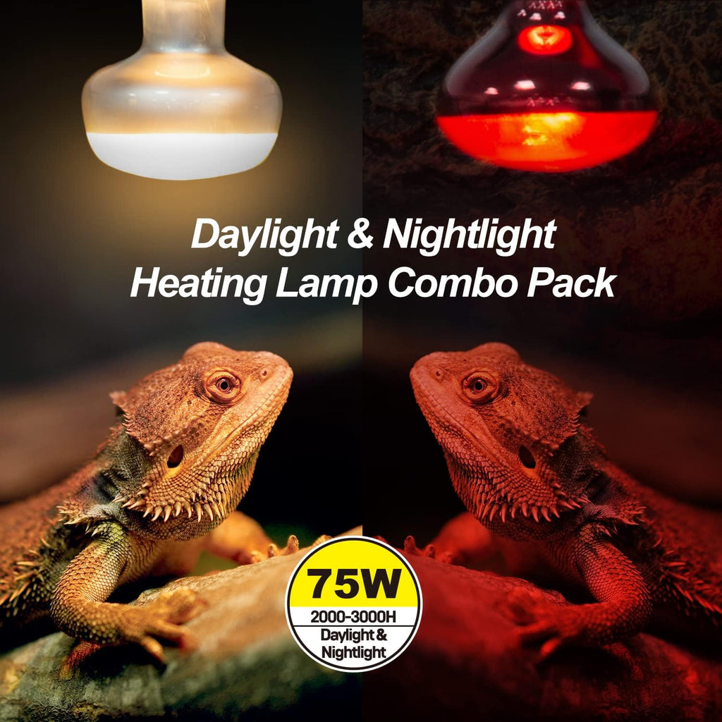 WACOOL 4Pack Reptile Heat Lamp Day & Night Kit 75W, Nature Simulated Basking Daylight & Nightlight UVA Heat Lamp Bulbs for Reptiles & Amphibians