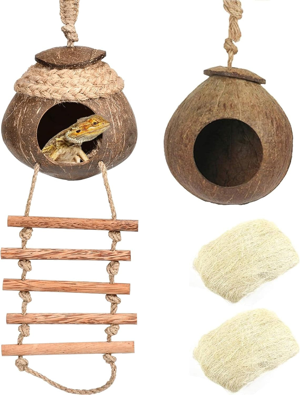 Hamiledyi Lizard Coco Den Reptile Hideouts Gecko Coconut Shell Hut Coconut hut for Geckos Bearded Dragon Tank Accessories Coconut Lizard Hut with Ladder - Natural Coconut Fiber