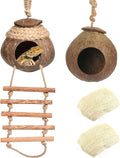 Hamiledyi Lizard Coco Den Reptile Hideouts Gecko Coconut Shell Hut Coconut hut for Geckos Bearded Dragon Tank Accessories Coconut Lizard Hut with Ladder - Natural Coconut Fiber