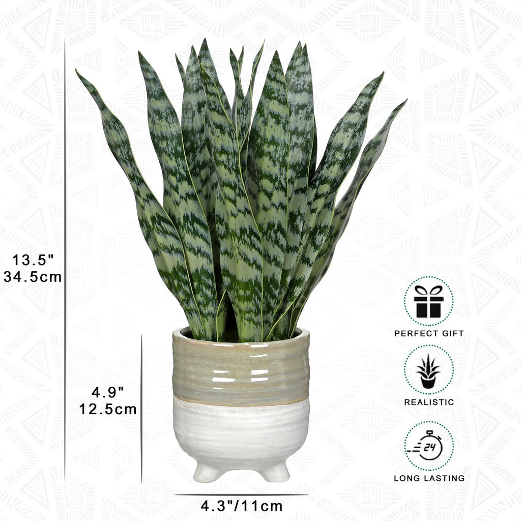 Hollyone Fake Snake Plant 13.5 Inch Large Artificial Snake Plant Potted with Ceramic Pot Faux Sansevieria Plant for Home Office Room Indoor Decor Housewarming Gifts