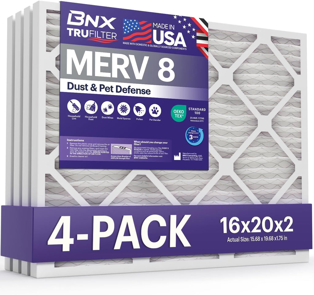 BNX TruFilter 16x20x2 Air Filter MERV 8 (4-Pack) - MADE IN USA – Dust & Pet Defense Electrostatic Pleated Air Conditioner HVAC AC Furnace Filters for Dust, Pet, Mold, Pollen MPR 600 – 700 & FPR 5