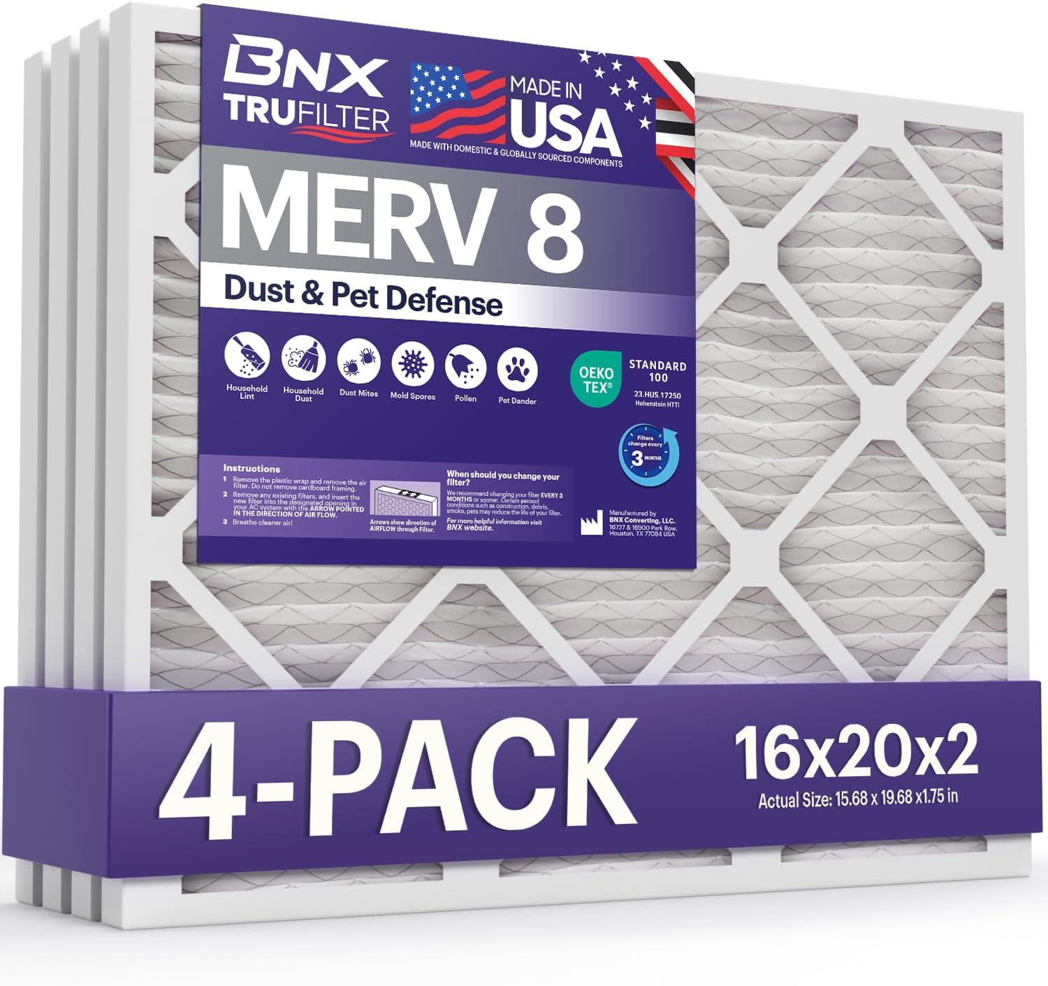 BNX TruFilter 16x20x2 Air Filter MERV 8 (4-Pack) - MADE IN USA – Dust & Pet Defense Electrostatic Pleated Air Conditioner HVAC AC Furnace Filters for Dust, Pet, Mold, Pollen MPR 600 – 700 & FPR 5