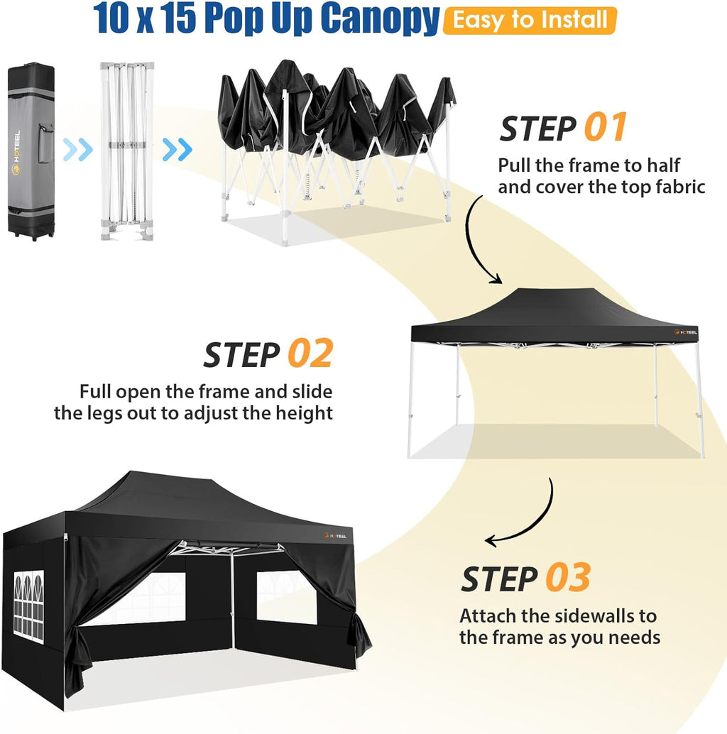 HOTEEL 10x15 Pop up Canopy Tent for Parties, Heavy Duty Easy Setup Tent with 4 Sidewalls, Outdoor Commercial Instant Gazebo for Wedding Event, with Roller Bag & Sand Bags, Black(Hexagonal Frame)