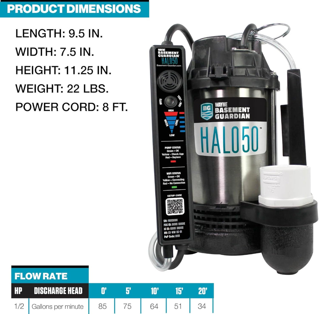 WAYNE HALO50 Smart Sump Pump – ½ HP Stainless Steel Basement Protection Pump, Up to 5,100 GPH – Digitally Connected Flood Protection with App Monitoring – Quiet Operation