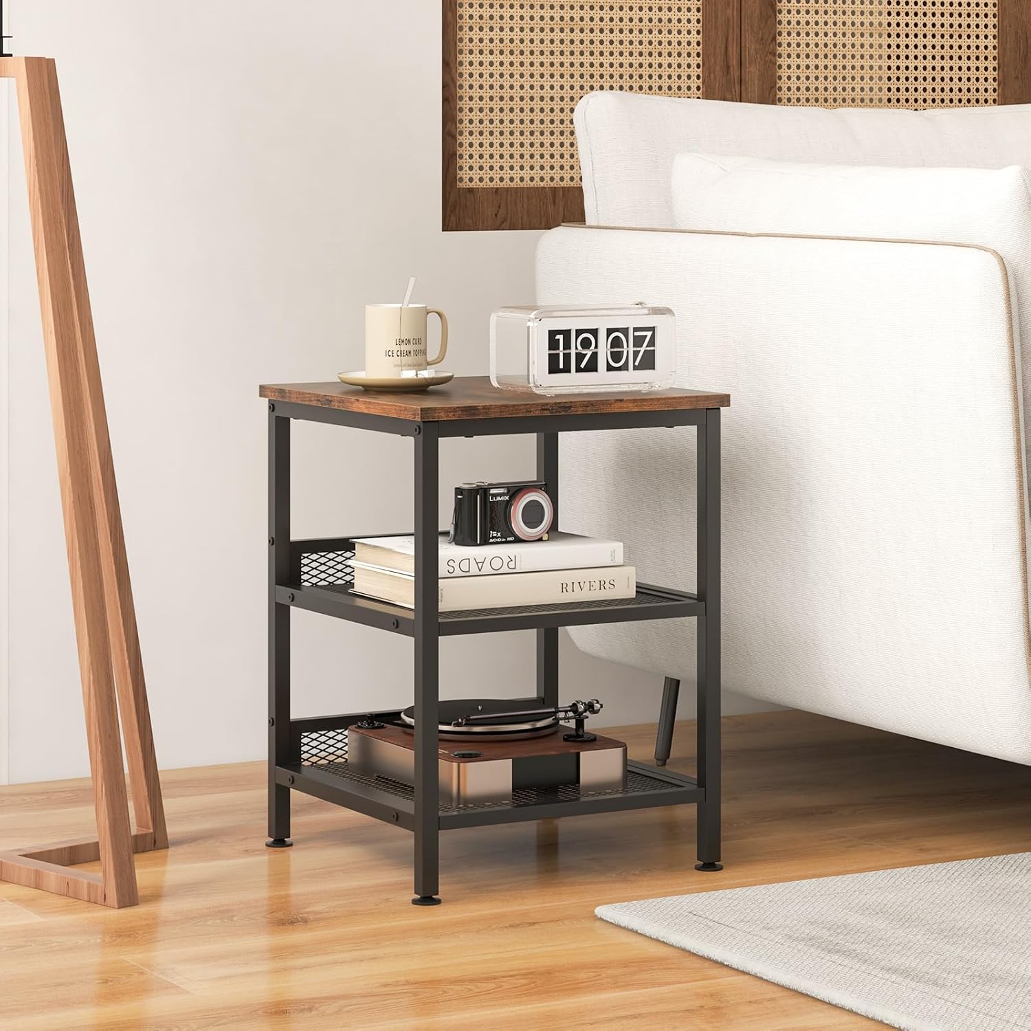 Tangkula Square Side Table, 3-Tier Nightstand with Dual Mesh Shelves, Industrial End Table for Living Room, Bedroom & Kitchen, Sofa Side Table, 16 x 16 x 21.5 Inch (Rustic Brown, 2 Pack)