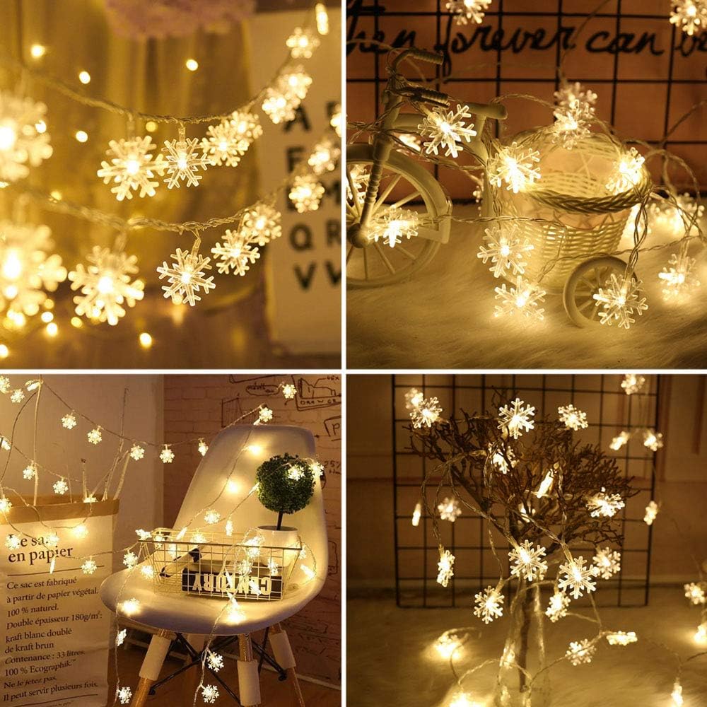 WesGen Christmas Lights，Snowflake String Lights Battery Operated Waterproof 20ft, 40 LED Fairy Lights for Xmas Garden Patio Bedroom Party Decor Christmas Decorations,Warm White