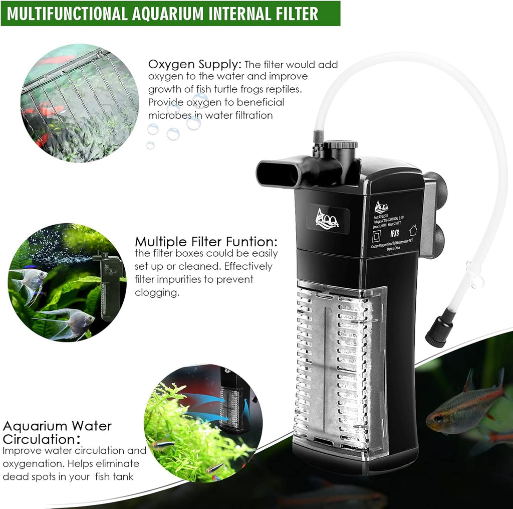 AQQA Aquarium Internal Filter, Submersible Power Filter in-Tank with Adjustable Water Flow, Ultra Silent Sponge Filter for Fish Tank Water Crystal Clear