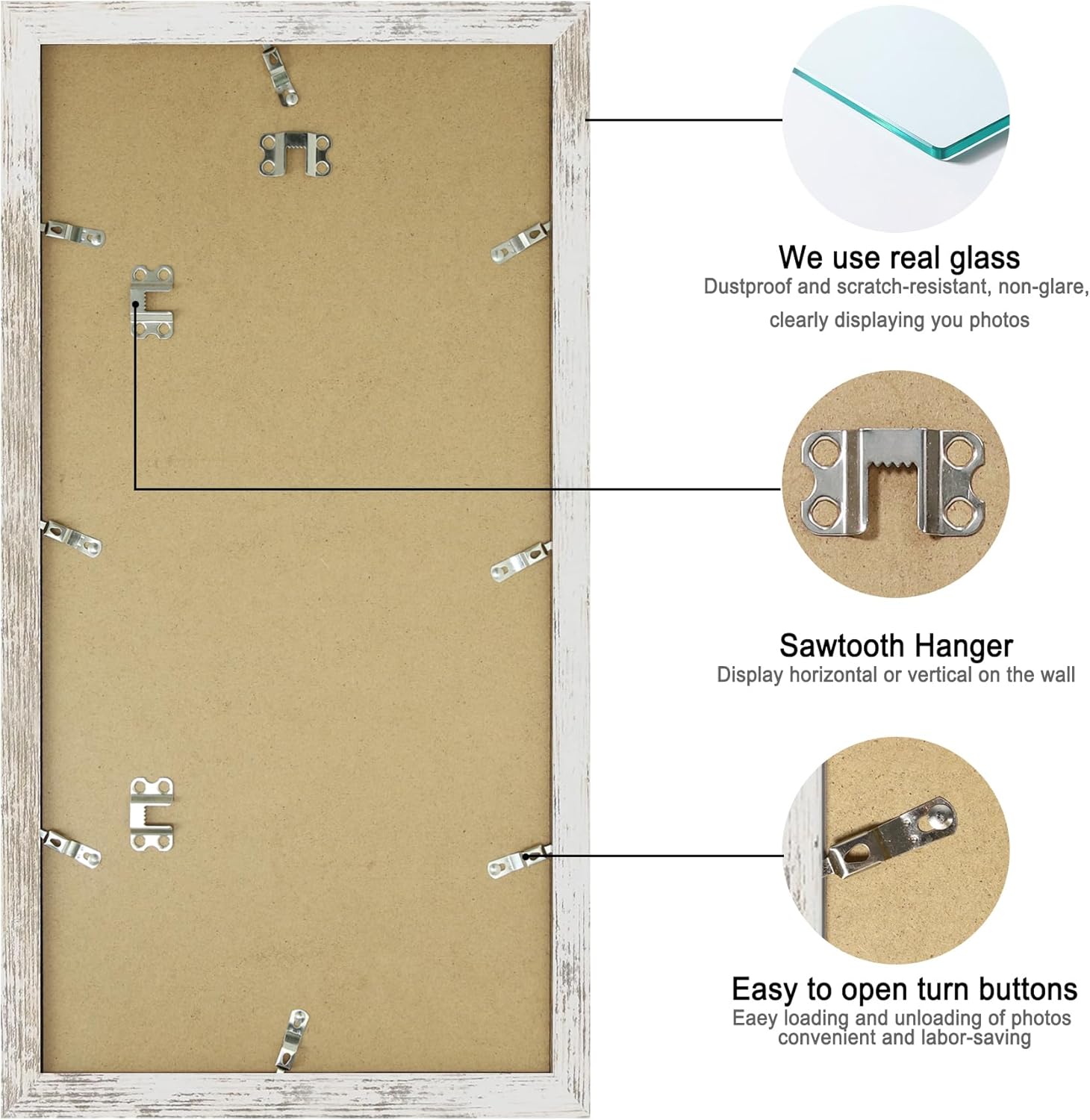 10x20 Picture Frame Set of 2, Distressed White Wood Frame with Real Glass Collage Frame, Display Pictures Three 5x7 With Mat or 10 x 20 Without Mat - Horizontal or Vertical Wall Mounting