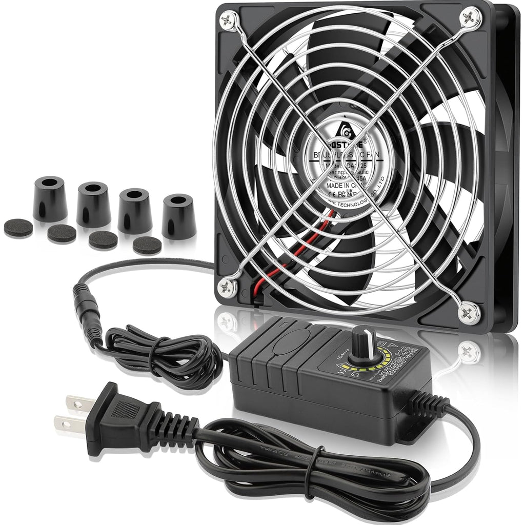 GDSTIME 120mm Computer Fan with AC Plug, 110V 120V 220V 240V AC-Powered Variable Speed Controller 4V-12V for Receiver Amplifier DVR Playstation Xbox Component Cooling Biltong Box Grow Tent Ventilation