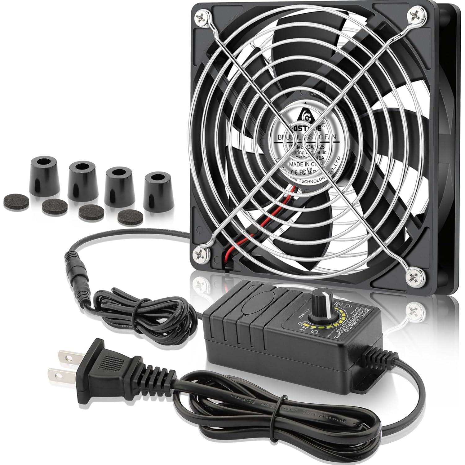 GDSTIME 120mm Computer Fan with AC Plug, 110V 120V 220V 240V AC-Powered Variable Speed Controller 4V-12V for Receiver Amplifier DVR Playstation Xbox Component Cooling Biltong Box Grow Tent Ventilation