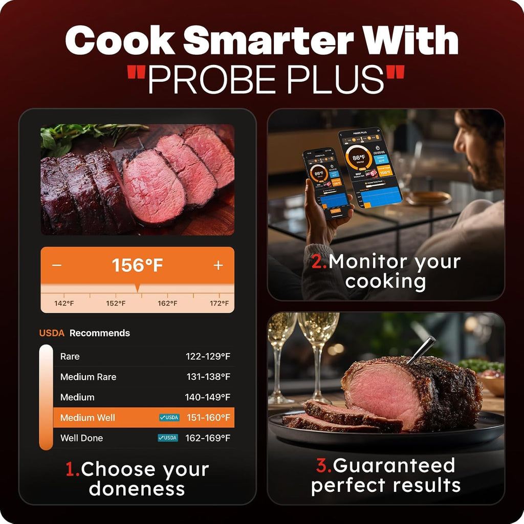 Smart Wireless Meat Thermometer with Ultra-Thin Probe, 6 Sensors Accuracy Digital Food Thermometer 0.5S Instant Read, IP67 Waterproof for BBQ, Grill, Smoker, Oven, Air Fryer,Grey