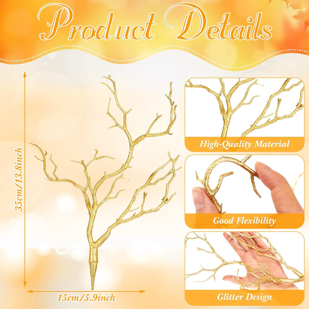 Geosar 13.8 Inch Small Manzanita Branches Plastic Faux Branches Artificial Antler Shaped Tree Branch Decorative Plant Twigs for Home Wedding Table Centerpiece Festival Decors(Glitter Gold,10 Pieces)