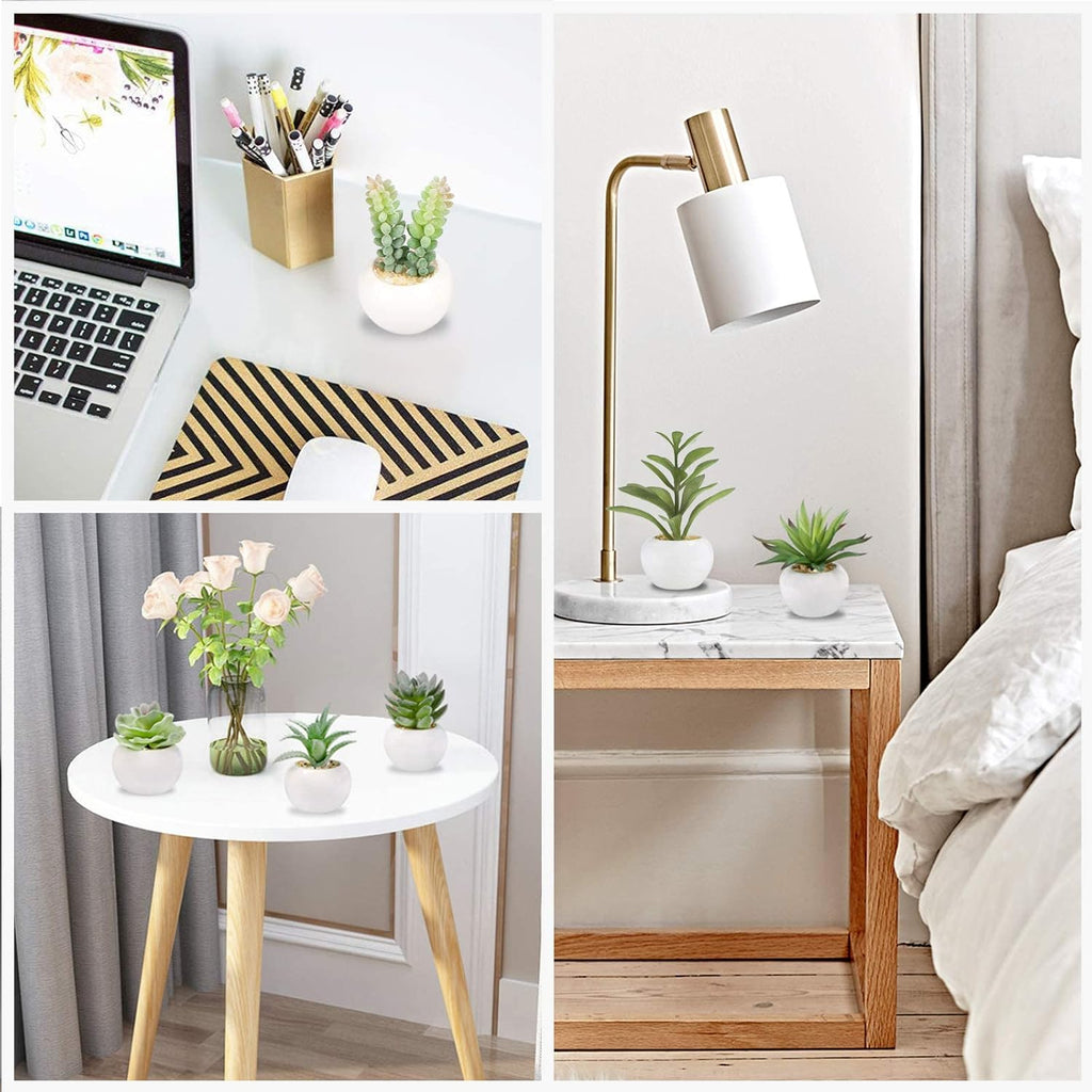 GREENTIME 6 Pcs Green Artificial Succulent Plants in Mini White Ceramic Pots Small Fake Succulent Plant Faux Indoor Decor Bedroom Desk Bathroom Office Living Room Table Shelf Home Decoration