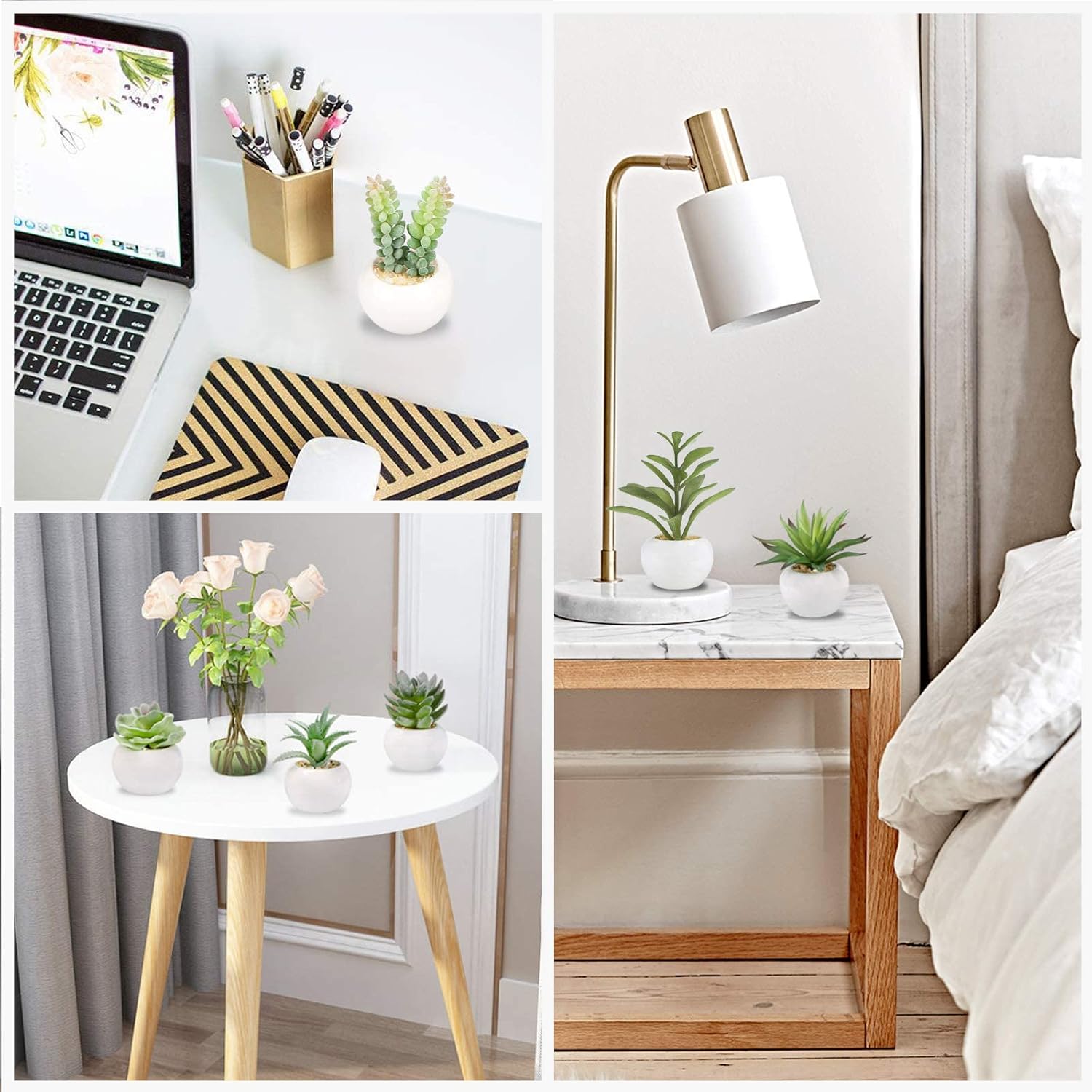 GREENTIME 6 Pcs Green Artificial Succulent Plants in Mini White Ceramic Pots Small Fake Succulent Plant Faux Indoor Decor Bedroom Desk Bathroom Office Living Room Table Shelf Home Decoration