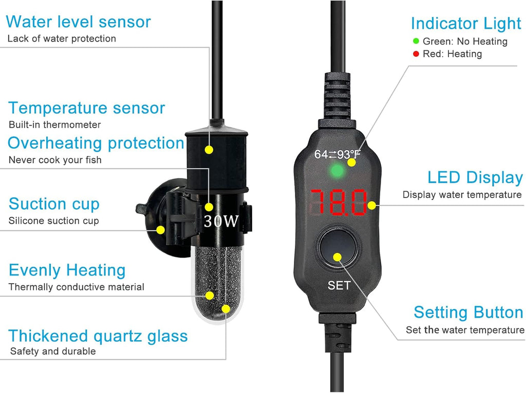 YukiHalu Super Mini Aquarium Heater, 10W 20W 30W Adjustable Fish Tank Heater with External Controller, Overheating Protection, LED Display, Used for 0.5-5 Gallons(30 watts)