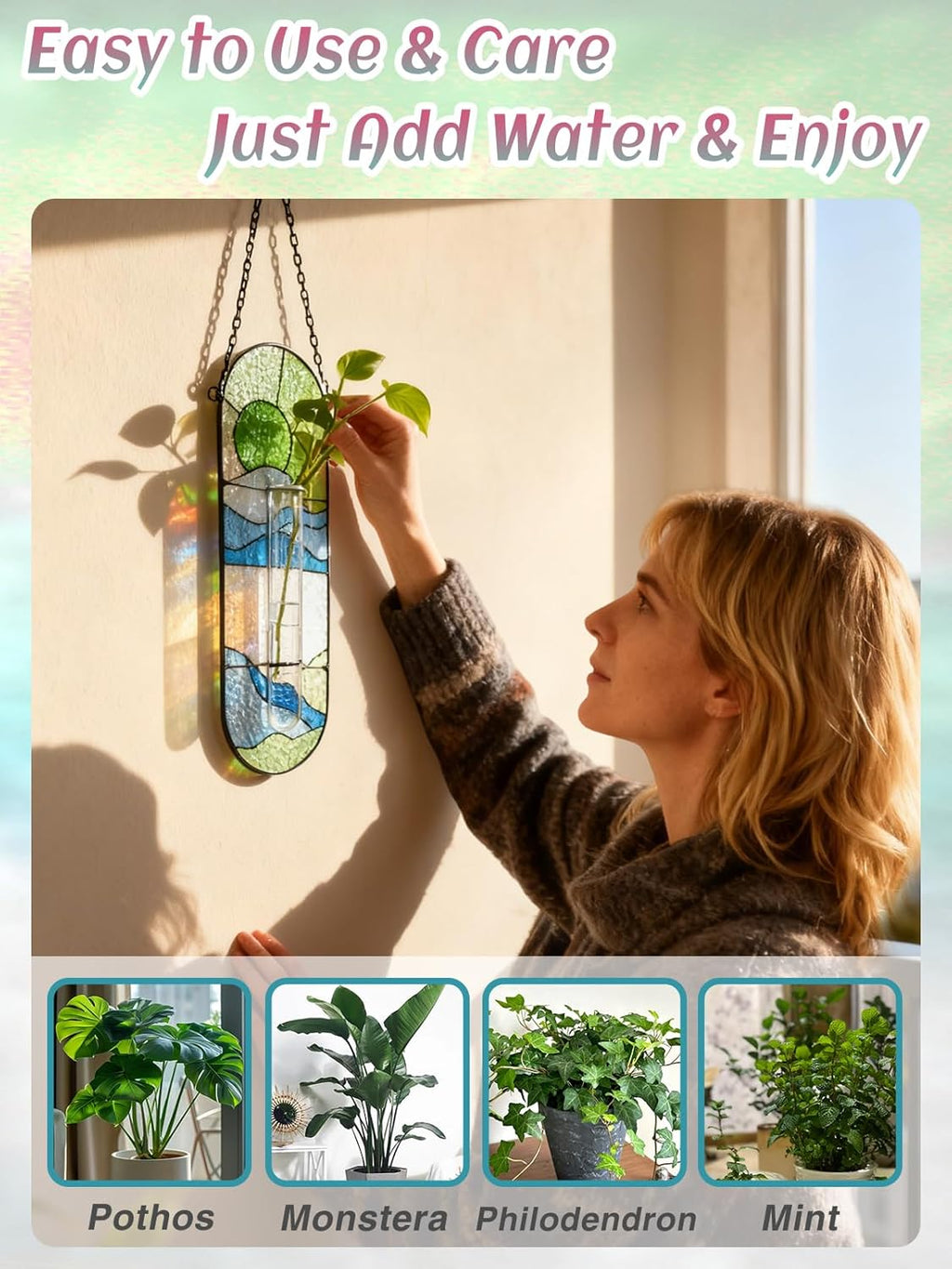 Stained Glass Plant Propagation Stations - Handmade Sunshine Catcher Hydroponic Planter Window Hanging with Glass Tubes, Christmas Terrarium Decor Gifts for Women Mom Plant Lovers, Green
