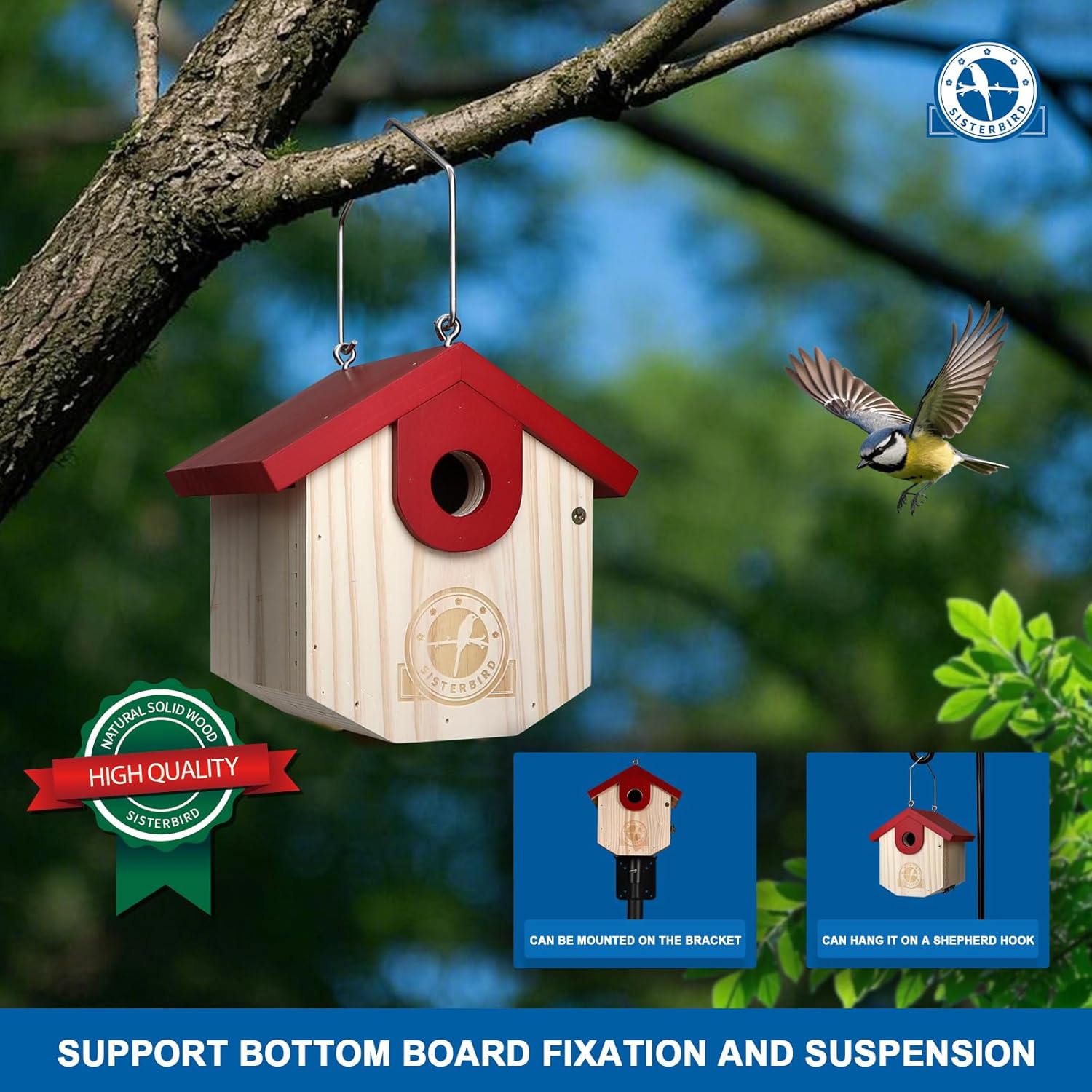 Wren Bird Houses for Outside Cedar Hanging Birdhouses for Outdoors 1-1/8" Entrance Hole Bird Houses for Outside Clearance Wooden Nesting Box Chickadee Predator Guard, Red