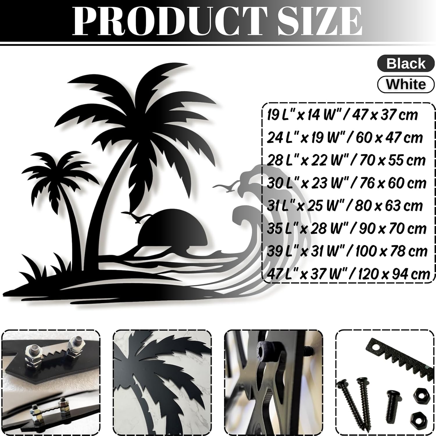 Lunwall Palm Tree Metal Wall Art, Tropical Beach Style, 19 L" x 14 W" / 47 x 37 cm, Black