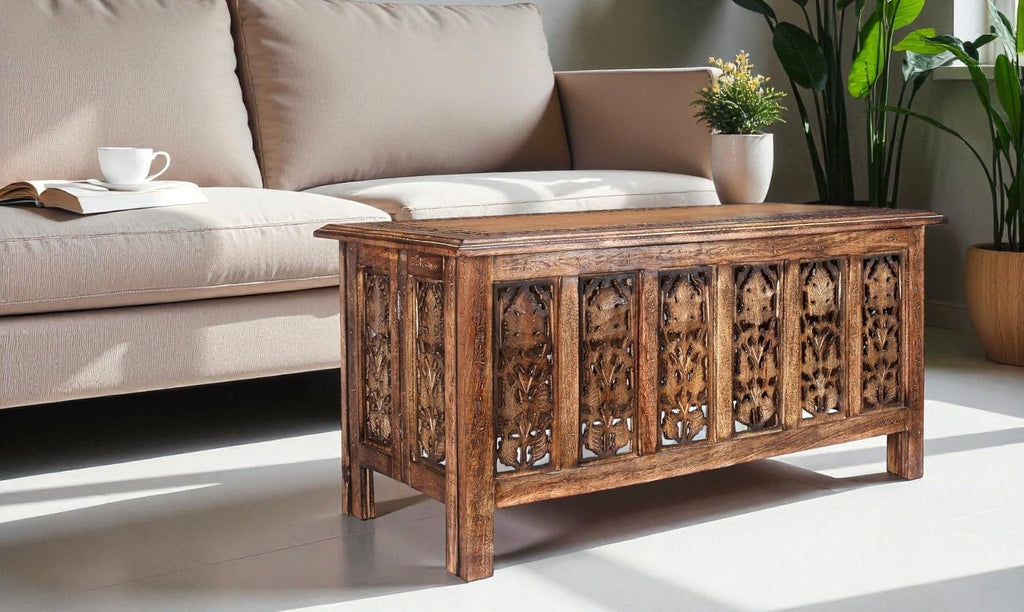 Wooden Coffee Table 36x18 Inch – Hand-Carved Solid Wood Center Table, Vintage Burnt Finish Modern Coffee Table for Living Room, Entryway Table for Magazines, Books & Plants