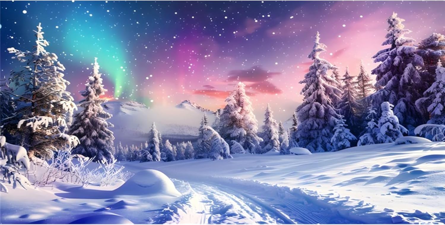 YongFoto Fish Tank Background 36x24 Inch - Winter Snow Scene Aquarium Backdrop With Snowfield, Pine Forest, Rime, Starry Sky, Aurora - Reptile Terrarium and Bearded Dragon Habitat