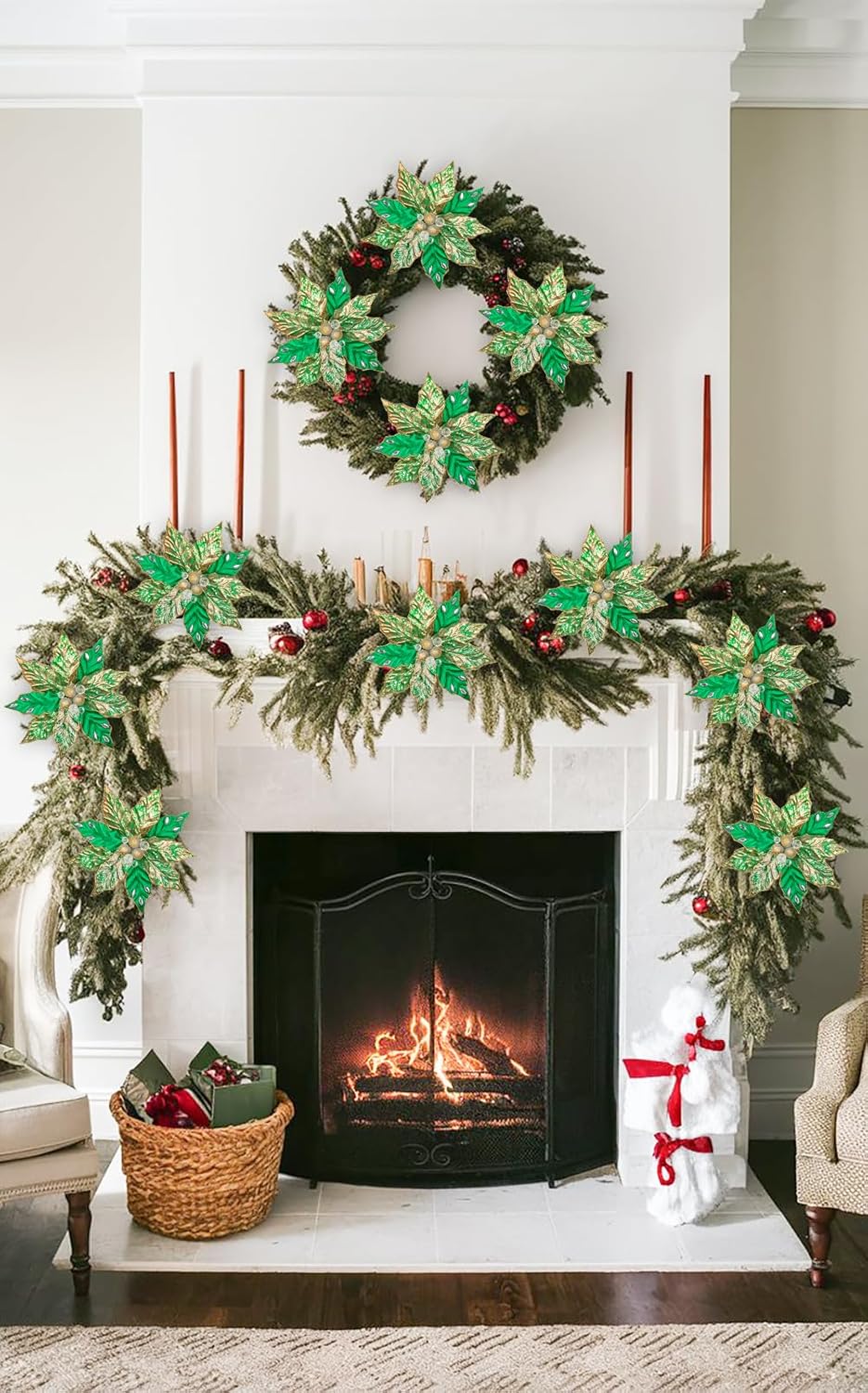 Hollyone 3PCS Poinsettia Christmas Flowers Artificial 11" Large Green and Gold Glitter Poinsettia Flowers Christmas Tree Ornament Floral Picks for Tree Wreath Garland Vase Table Centerpiece Home Decor