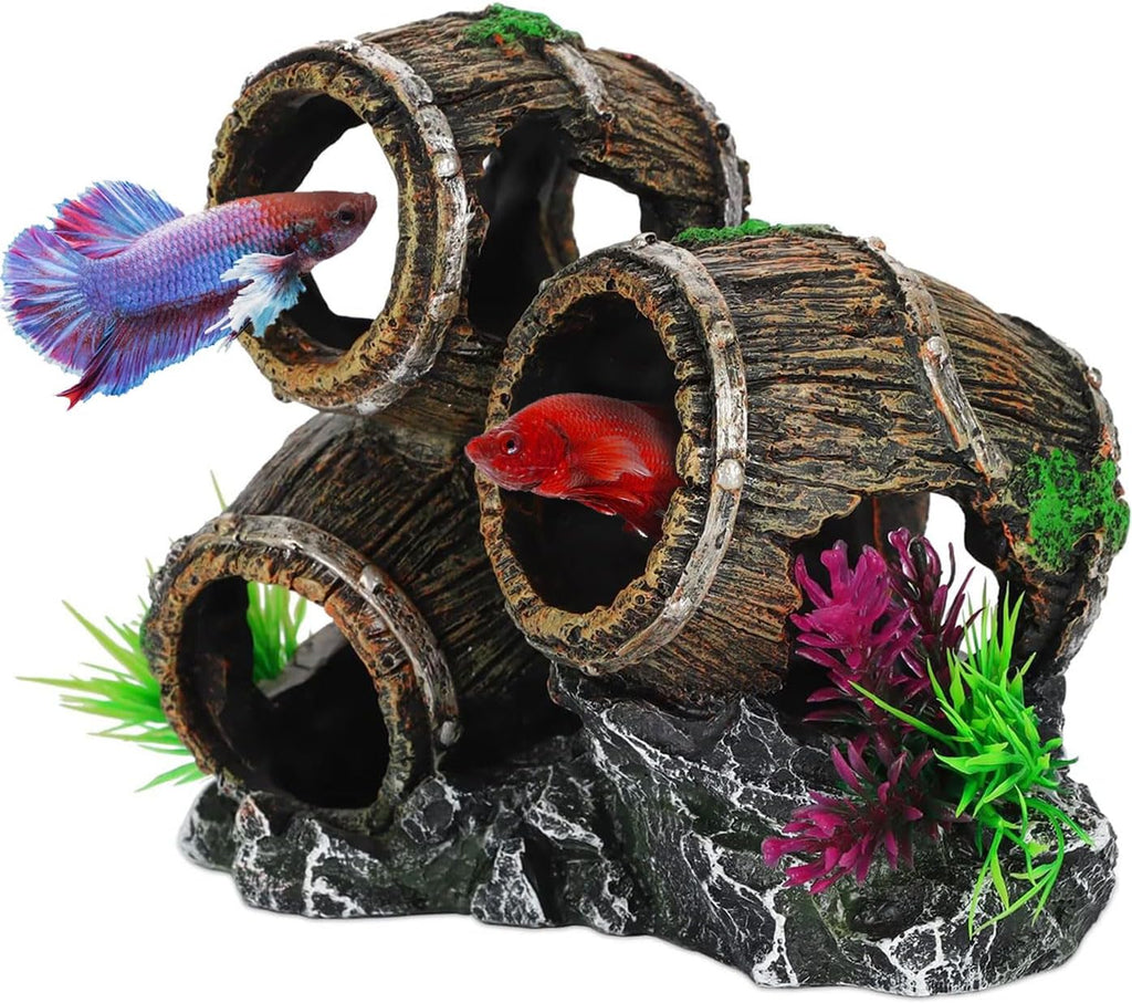 UNEAK - Aquarium Decorations Three Stacked Broken Barrels Fish Tank Decoration Ornament Landscaping Over Rocks Cave Saltwater Freshwater Small & Medium Fish Garden Pond Ornaments Resin
