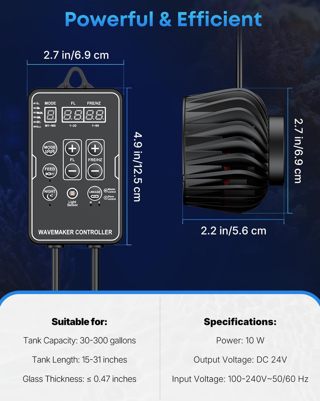 Pawfly 2100 GPH Wave Maker for Aquarium, DC 24V 10W Aquarium Powerhead with LED Controller, Quiet Submersible Wavemaker, Water Circulation Pump for 30-300 Gallon Freshwater Saltwater Tank
