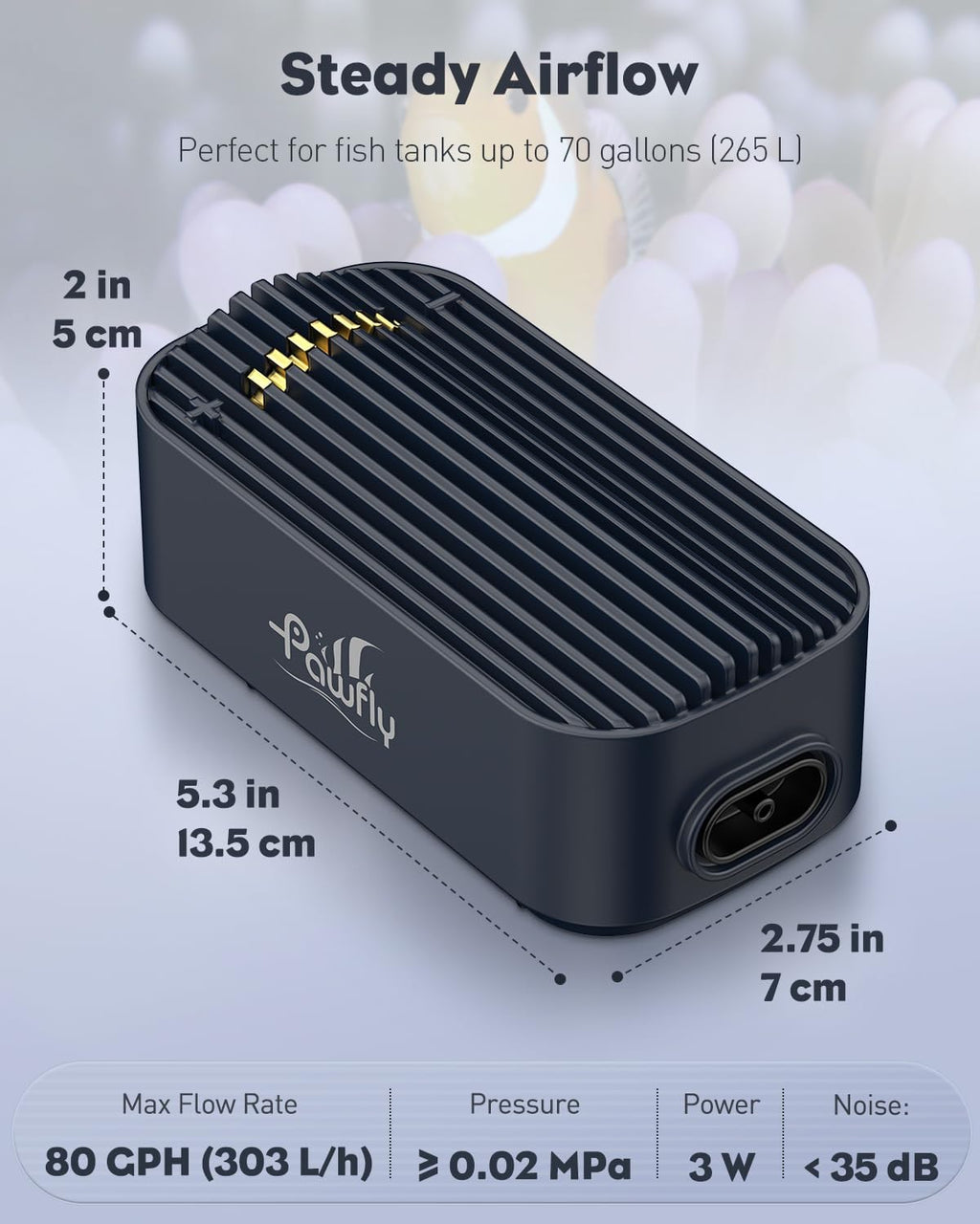 Pawfly Aquarium Air Pump, 80 GPH Fish Tank Air Pump up to 70 Gallons, Ultra Quiet Adjustable Oxygen Pump with Airline Tubing, Air Stone & Check Valve, Aerator for Fish