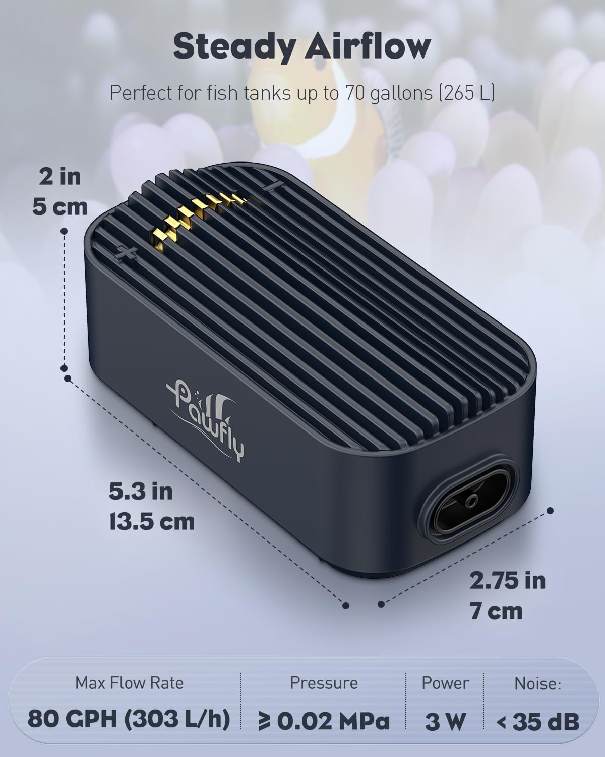 Pawfly Aquarium Air Pump, 80 GPH Fish Tank Air Pump up to 70 Gallons, Ultra Quiet Adjustable Oxygen Pump with Airline Tubing, Air Stone & Check Valve, Aerator for Fish