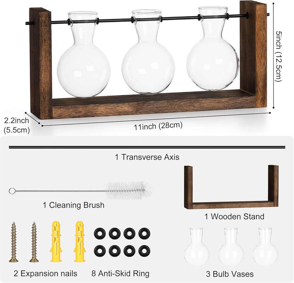 YIBOT Wall Hanging Planter Propagation Station Glass Flower Vase for Hydroponics Plants, Plant Terrarium with Wooden Stand, Bathroom, Home Office Living Room Decor Gift