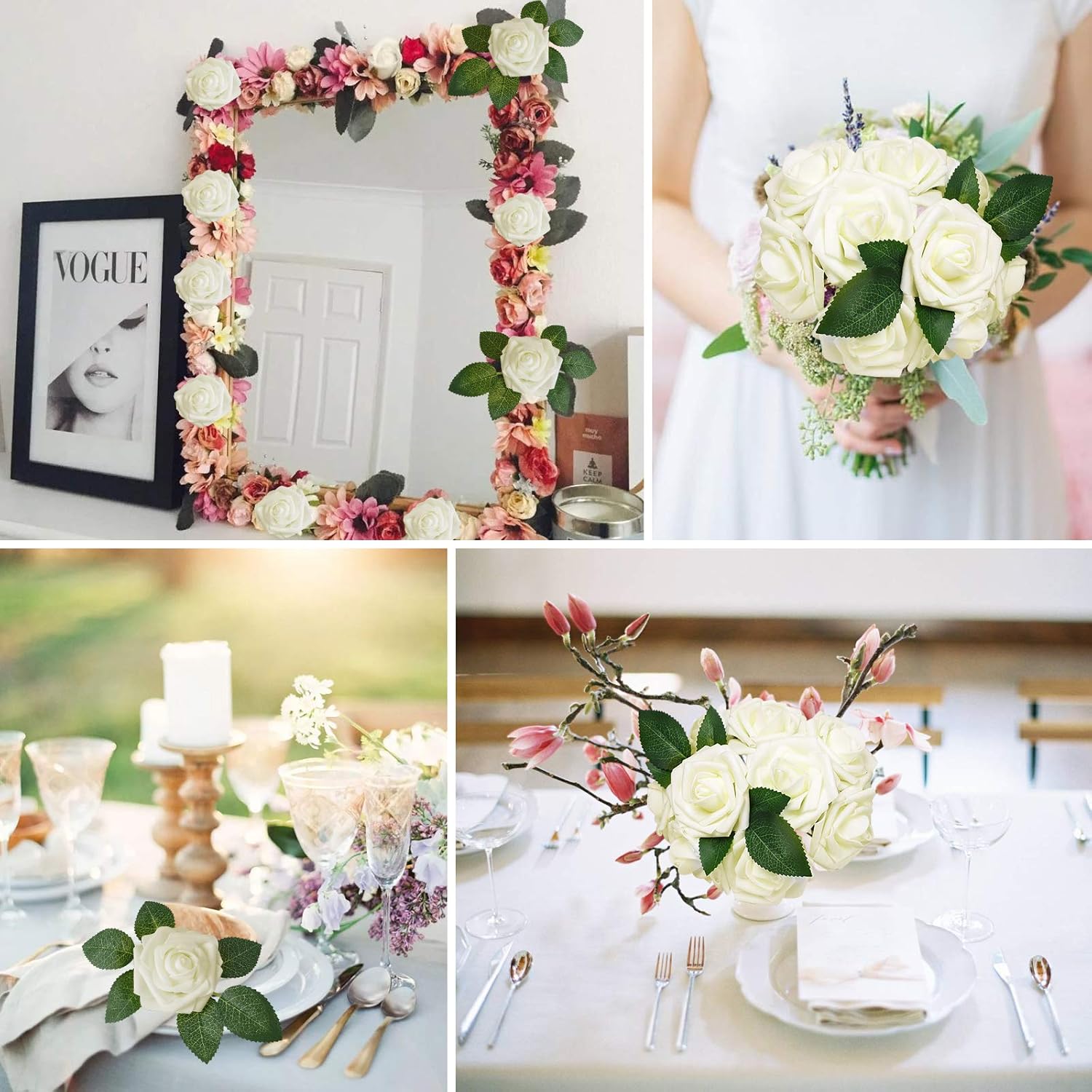AmyHomie Artificial Flower Ivory Rose 25pcs Real Looking Fake Roses w/Stem for DIY Wedding Bouquets Centerpieces Arrangements Party Baby Shower Valentines Day Christmas Tree Decorations