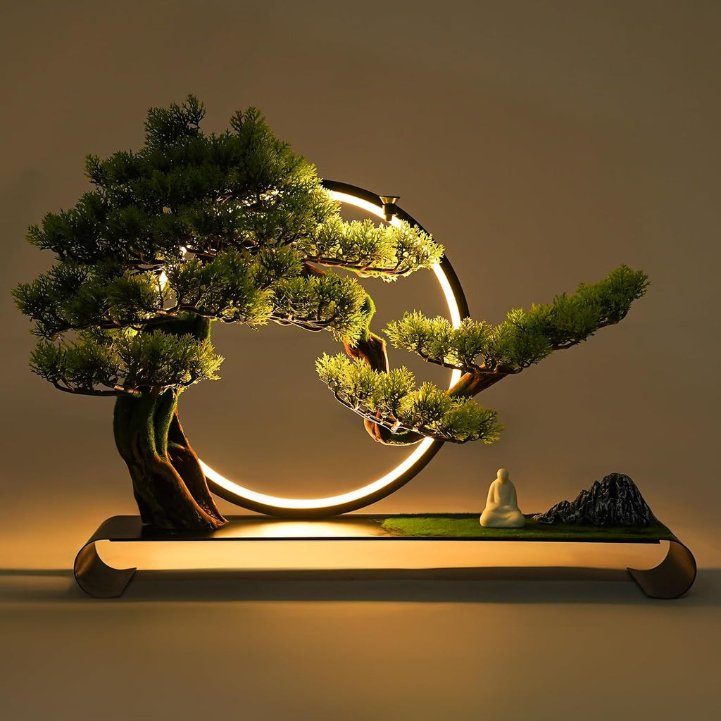 Artificial Bonsai Pine Tree Faux Realistic Simulation Bonsai with LED Lamp Ring Fake Plants Desk Table Decor for Home Office Indoor