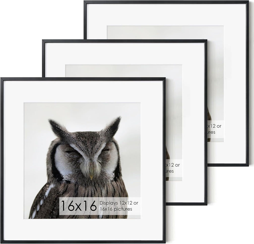 Fun Memories 16x16 Metal Picture Frame with 12x12 Mat, Brushed Aluminum Finish, Tempered Glass Front, and Attached Hanging Hardware - Wall Display Frames for Vertical or Horizontal Set of 3 - Black