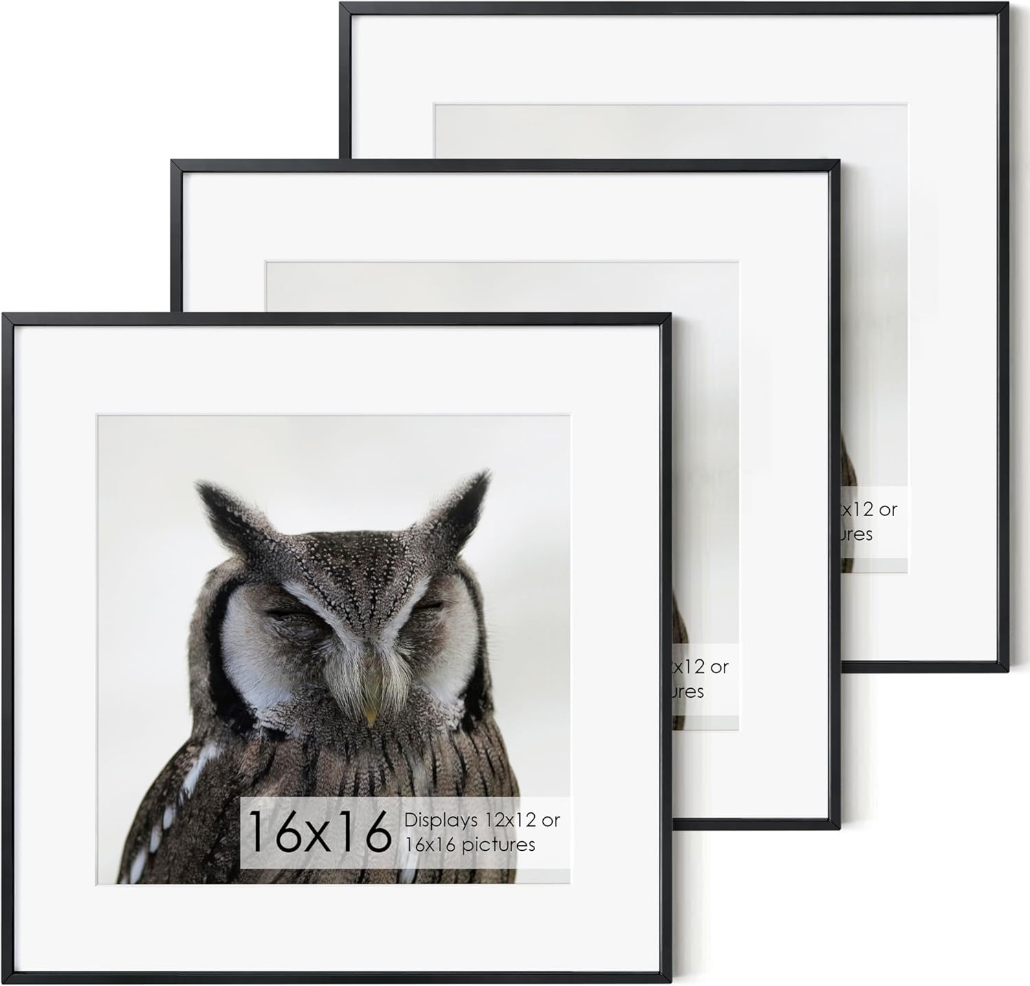 Fun Memories 16x16 Metal Picture Frame with 12x12 Mat, Brushed Aluminum Finish, Tempered Glass Front, and Attached Hanging Hardware - Wall Display Frames for Vertical or Horizontal Set of 3 - Black