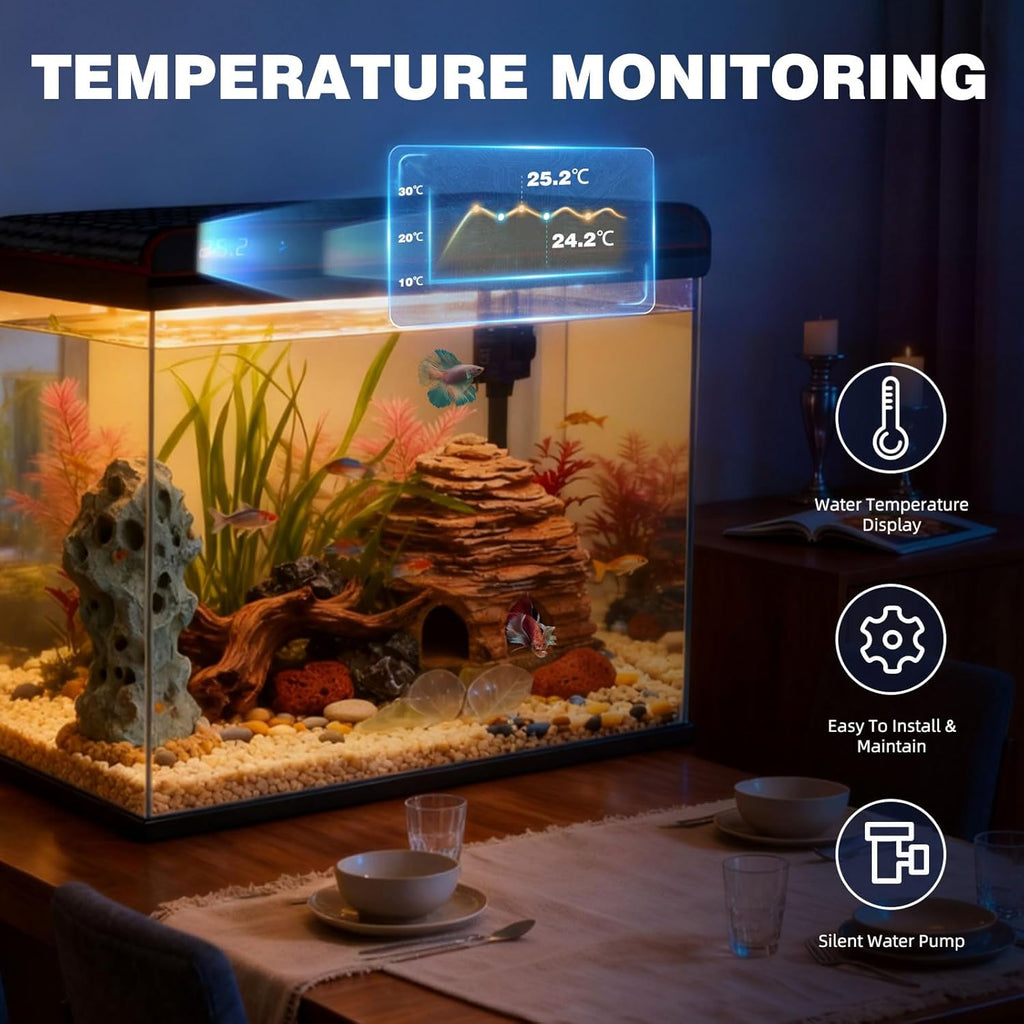 Coospider 20 Gallon Fish Tank, Glass Aquarium Starter Kit, with Ultra-Quiet Filter Pump, 3-Color LED Lights, Self-Cleaning Aquarium with Temp Monitoring for Betta Fish, Shrimp, Kids Gift Idea
