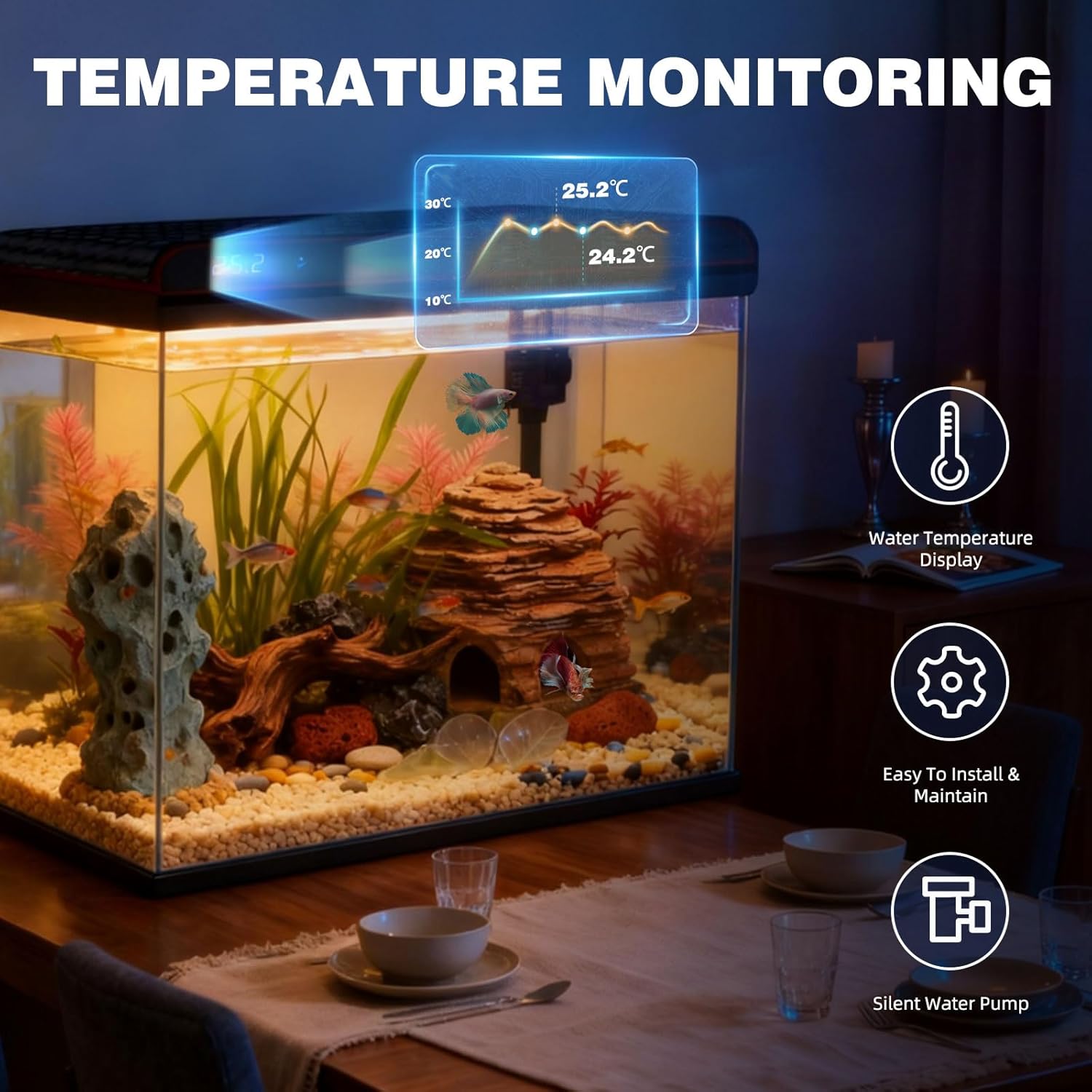 Coospider 20 Gallon Fish Tank, Glass Aquarium Starter Kit, with Ultra-Quiet Filter Pump, 3-Color LED Lights, Self-Cleaning Aquarium with Temp Monitoring for Betta Fish, Shrimp, Kids Gift Idea