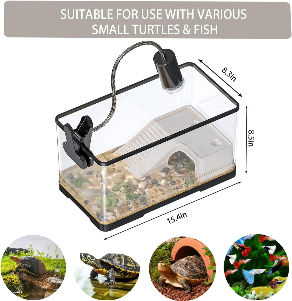 Turtle Tank Kit(Tank+Adjustable Light+5W Filter+Basking Platform),Upgraded 4.7 Gal Turtle Tank Starter Kit with UV Basking Platform Light for Crabs,Fishes,Amphibians,Reptiles(15.4 * 8.5 * 8.35 Inch)