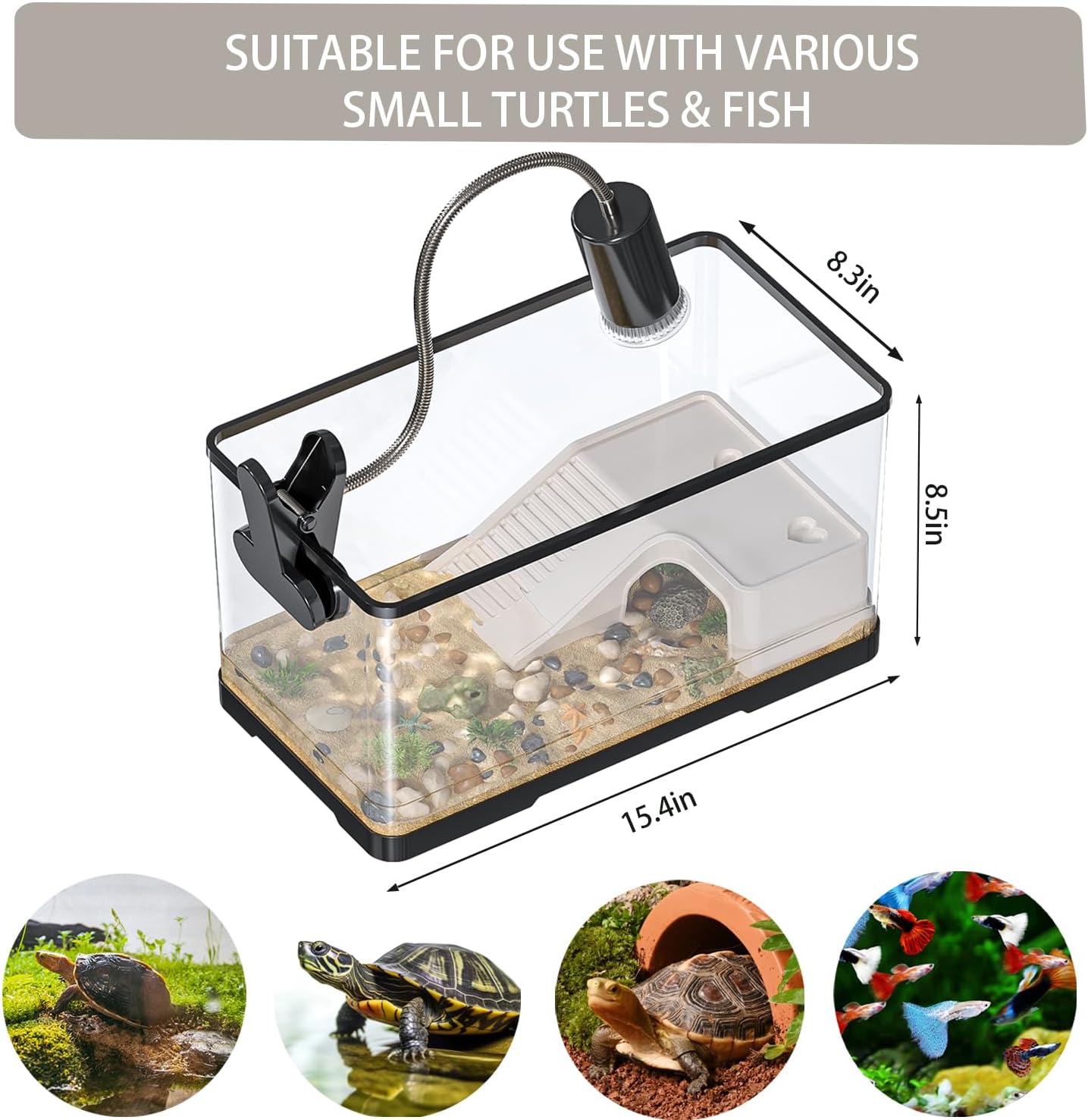 Turtle Tank Kit(Tank+Adjustable Light+5W Filter+Basking Platform),Upgraded 4.7 Gal Turtle Tank Starter Kit with UV Basking Platform Light for Crabs,Fishes,Amphibians,Reptiles(15.4 * 8.5 * 8.35 Inch)