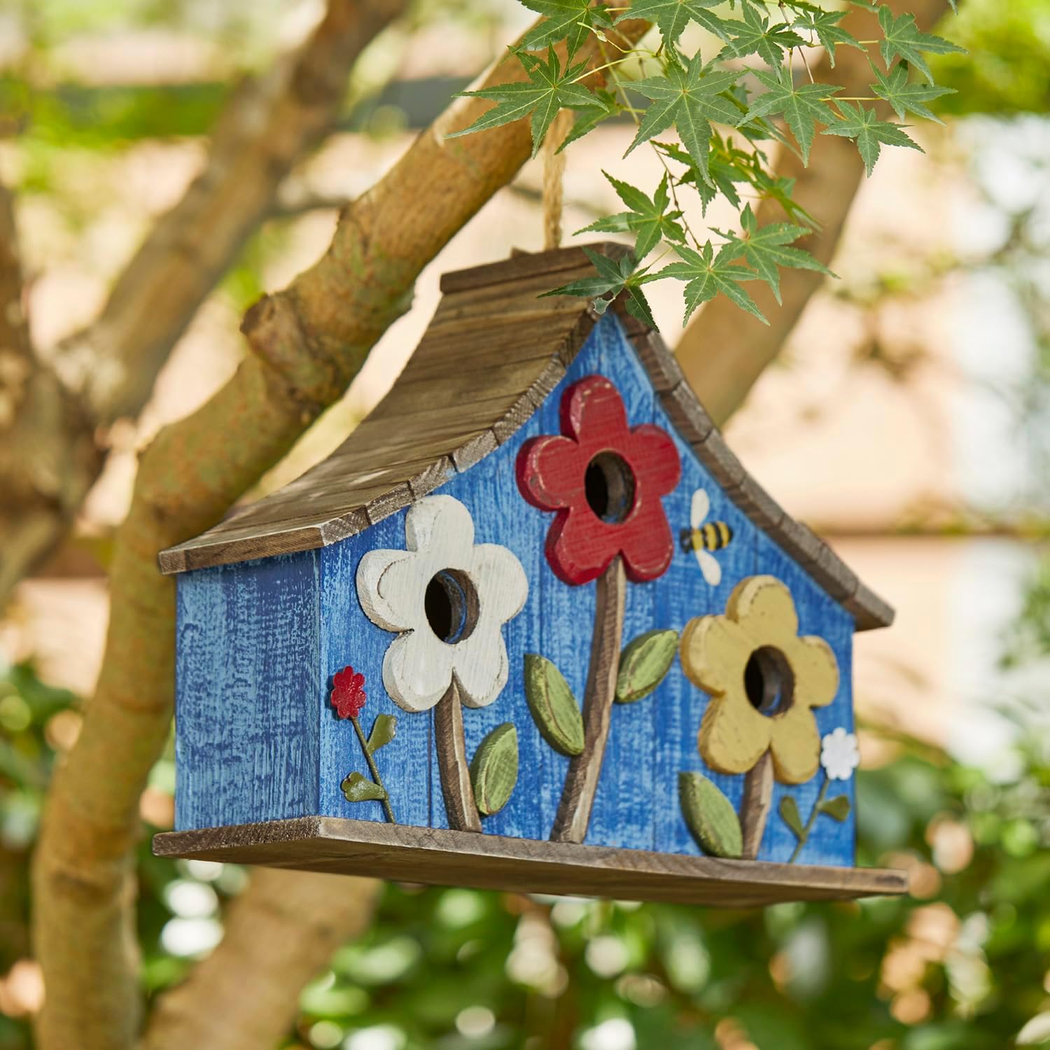 Glitzhome 15" L Rustic Oversized Distressed Solid Wood Hanging Garden Birdhouse with 3D Flowers Three-Story Villa Decorative Hand-Painted Bird Houses for Outside,Washed Blue