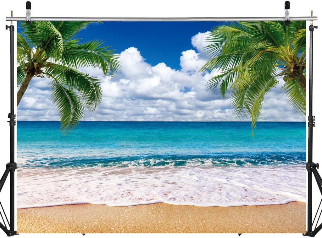 SJOLOON Summer sea Backdrop Tropical Beach Plants Photo Backdrop Hawaiian Ocean Blue Sky Background for Theme Party Supplies Studio Props 12692(7x5FT)