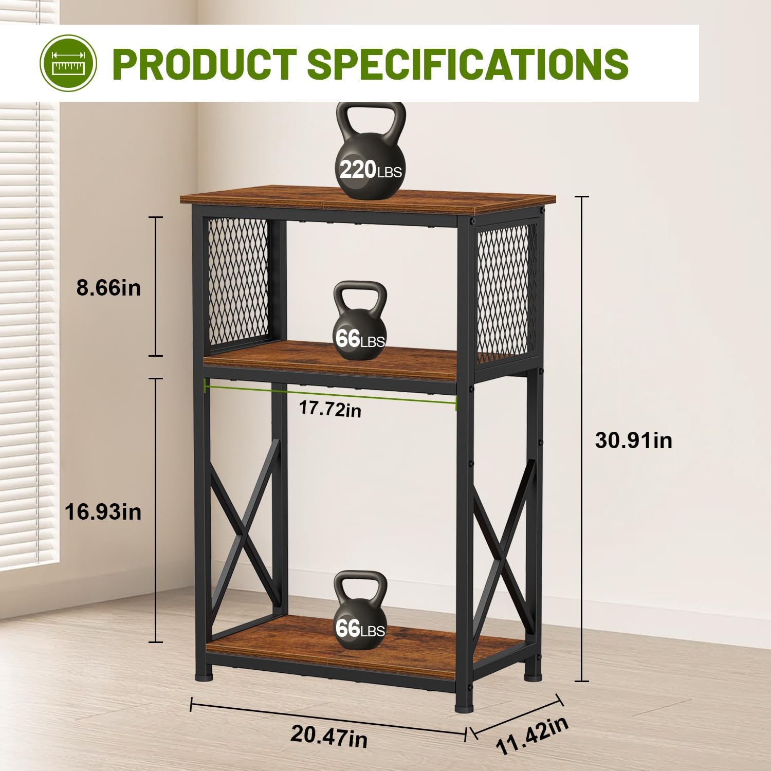Snughome 10 Gallon Aquarium Stand with Storage, 3 Tier Heavy Metal Fish Tank Stand Shelf 20.47" x 11.42" x 30.91", Rustic Brown
