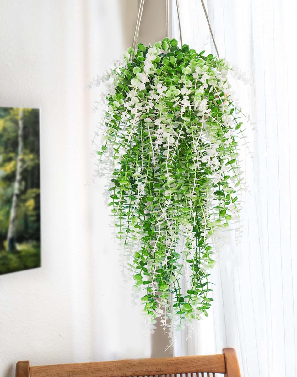 RECUTMS Fake Monkey Plants Hanging Eucalyptus Vines Fake Vines Faux Hanging Plants for Outdoor Garden Yard Backdrop Decor Indoor Room Table Wall Home Hanging Decoration(White)