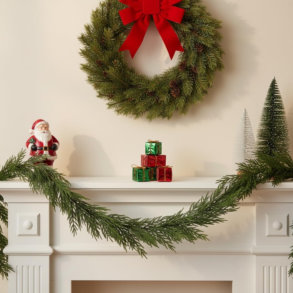 2 PCS 6FT Artificial Christmas Garland with Real Touch Norfolk Pine Garland - Lush Holiday Greenery for Mantle, Stairs, Table, Indoor Outdoor Decor